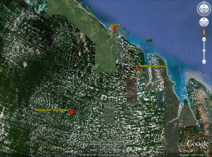 Situation géographique des différents sites de prospections en Guyane française