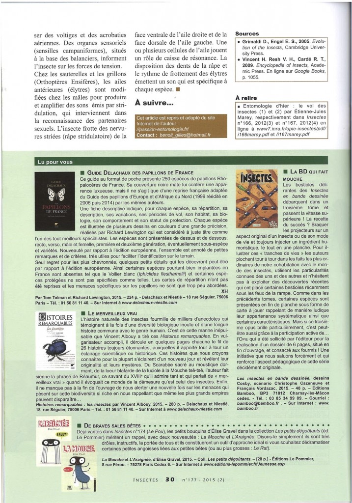 Le vol des insectes : Anatomie de l'aile, publié dans la revue Insectes (juillet 2015, n°177)