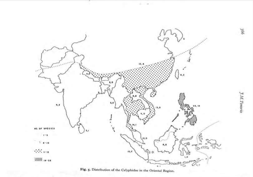 Distribution géographique des Celyphidae (Source : Tenorio, 1972)